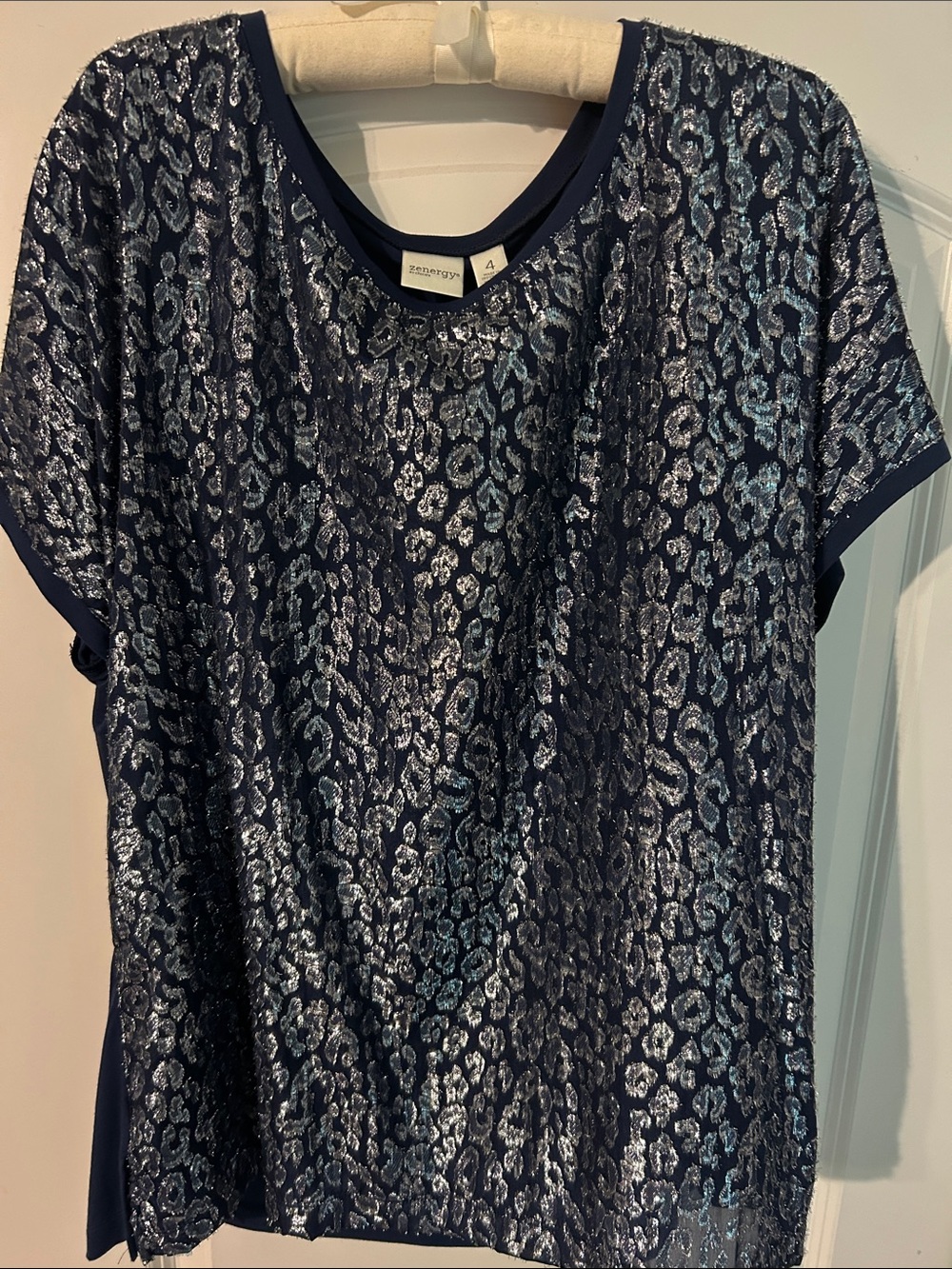 Chico's Navy Top with Silver Leopard Metallic Print